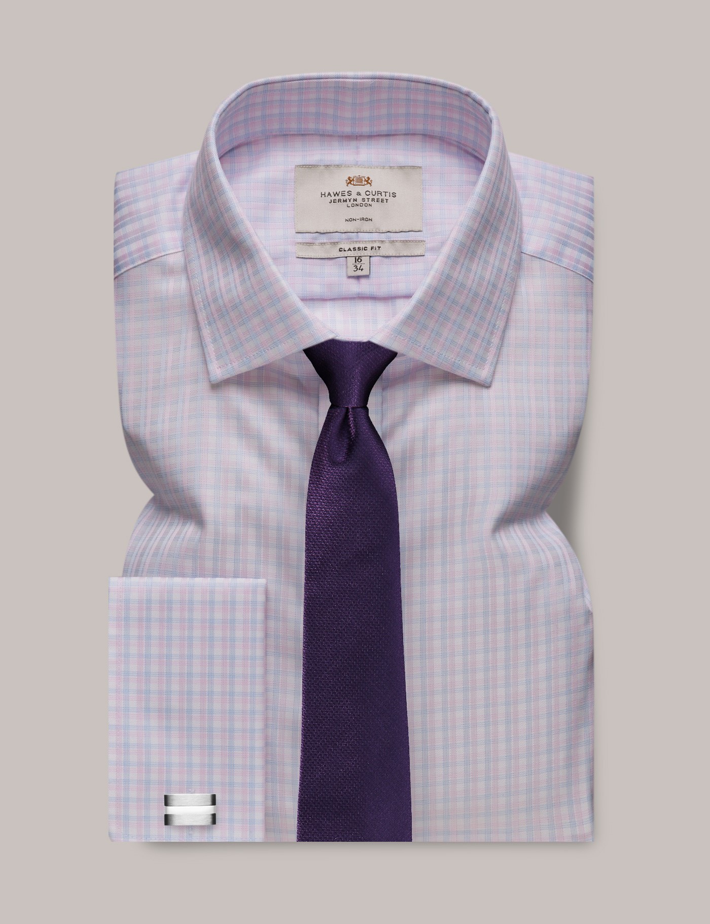 Bild von Hawes & Curtis Bügelfreies Businesshemd – Classic Fit – Umschlagmanschetten – rosa blau kariert Rosa/Blau Bügelfrei Men's