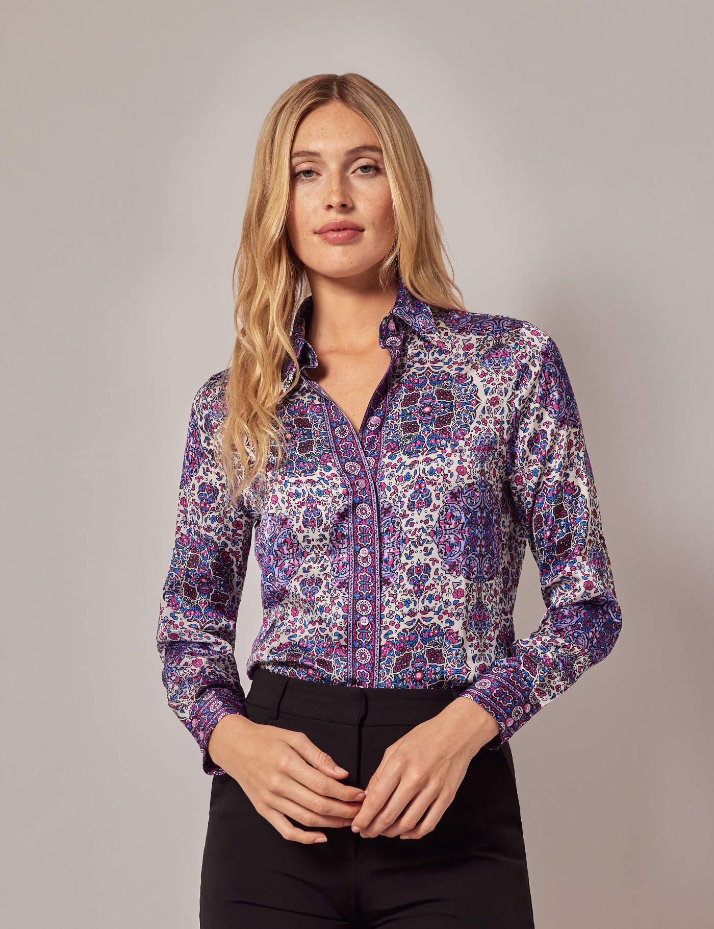 Bild von Hawes & Curtis Boutique Satinbluse – Relaxed Fit – crème lila Boho Creme/Lila Satin Women's