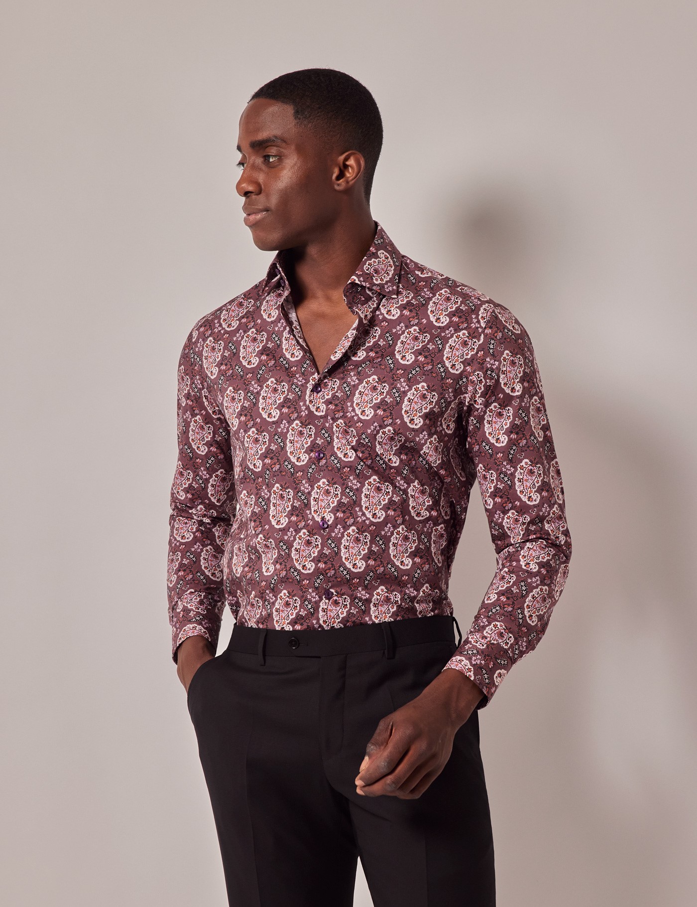 Bild von Hawes & Curtis Violett & oranges Casualhemd mit Paisleymuster – Mittelhoher Kragen – Slim Fit Lila/Orange Baumwolle Paisley Men's