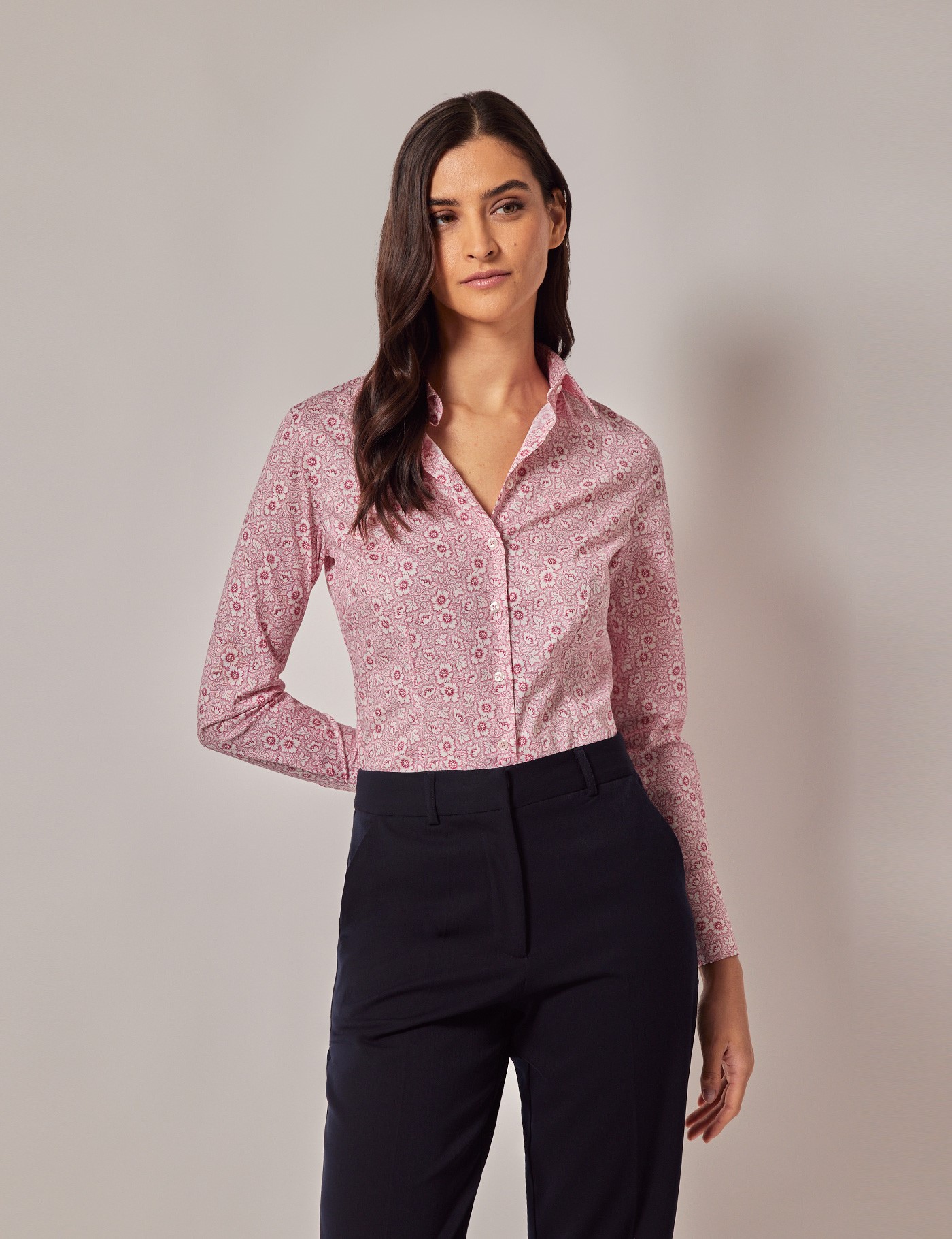 Bild von Hawes & Curtis Rosa & weiße Bluse mit Blümchenmuster – Baumwollstretch – Slim Fit Rosa/Weiß Blumig Women's