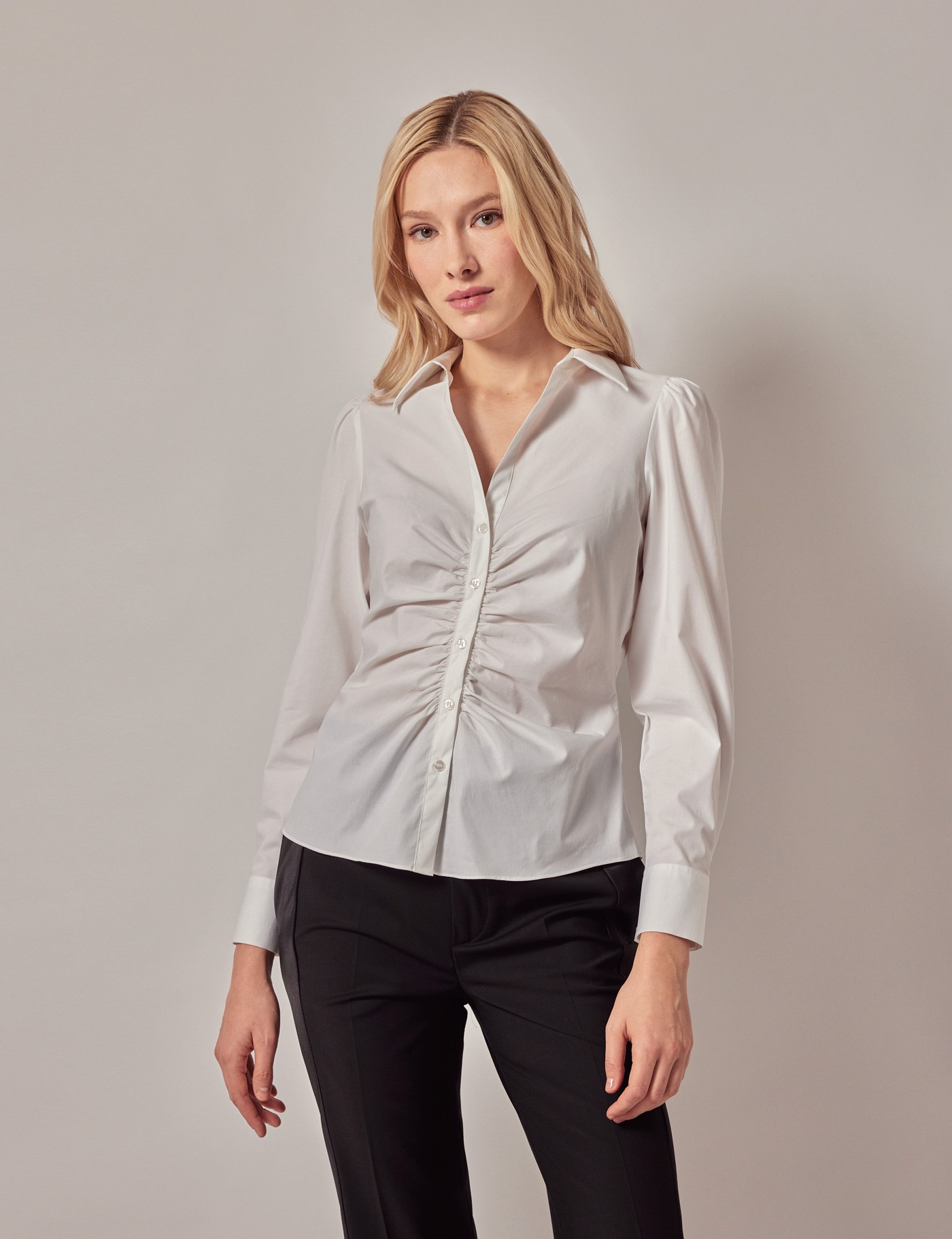 Bild von Hawes & Curtis Boutique Bluse mit Raffung – Stretchbluse – Slim Fit – Weiß Baumwollstretch Uni Women's