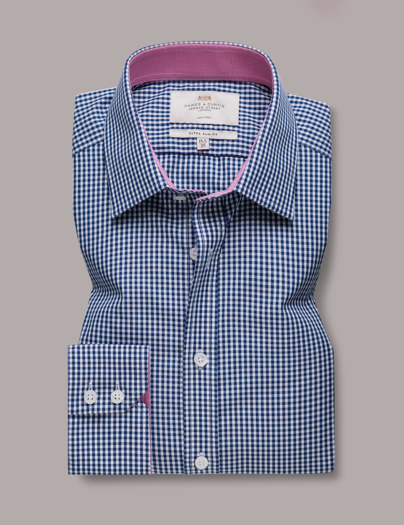 Bild von Hawes & Curtis Bügelfreies Businesshemd mit Vichy-Karo – Extra Slim Fit – Kontrastkragen – Blau Navy Marineblau/Weiß Bügelfrei Kariert Men's
