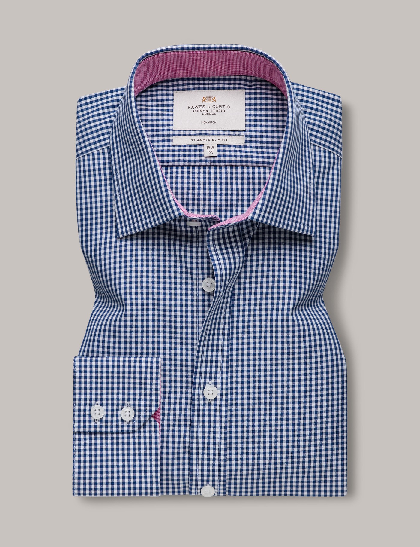 Bild von Hawes & Curtis Bügelfreies Businesshemd – Slim Fit – Kontrastkragen – blau rosa Kariert Marineblau/Weiß Bügelfrei Men's
