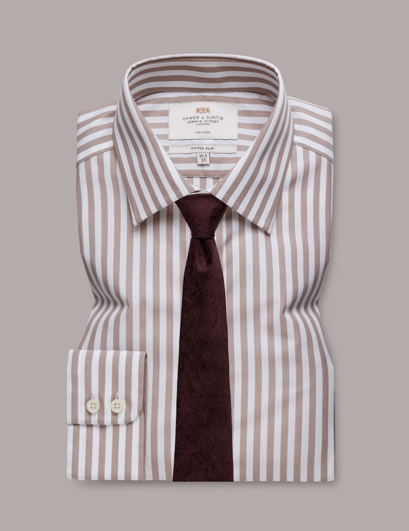 Bild von Hawes & Curtis Beige & weiß gestreiftes Businesshemd – Fitted Slim Fit Beige/Weiß Bügelfrei Gestreift Men's