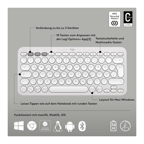 Bild von Logitech Tastatur PEBBLE KEYS 2 K380S, rosa Schlanke, minimalistische Bluetooth®-Tastatur mit personalisierbaren Tasten.