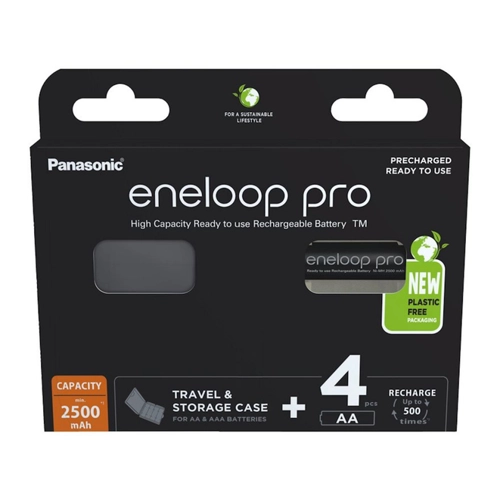 Bild von Panasonic eneloop pro 4er Blister AA Ni-MH Akkus 2500 mAh wiederaufladbar + Batteriebox zur Aufbewahrung von AA & AAA Batterien im Set BK-3HCDEC4BE