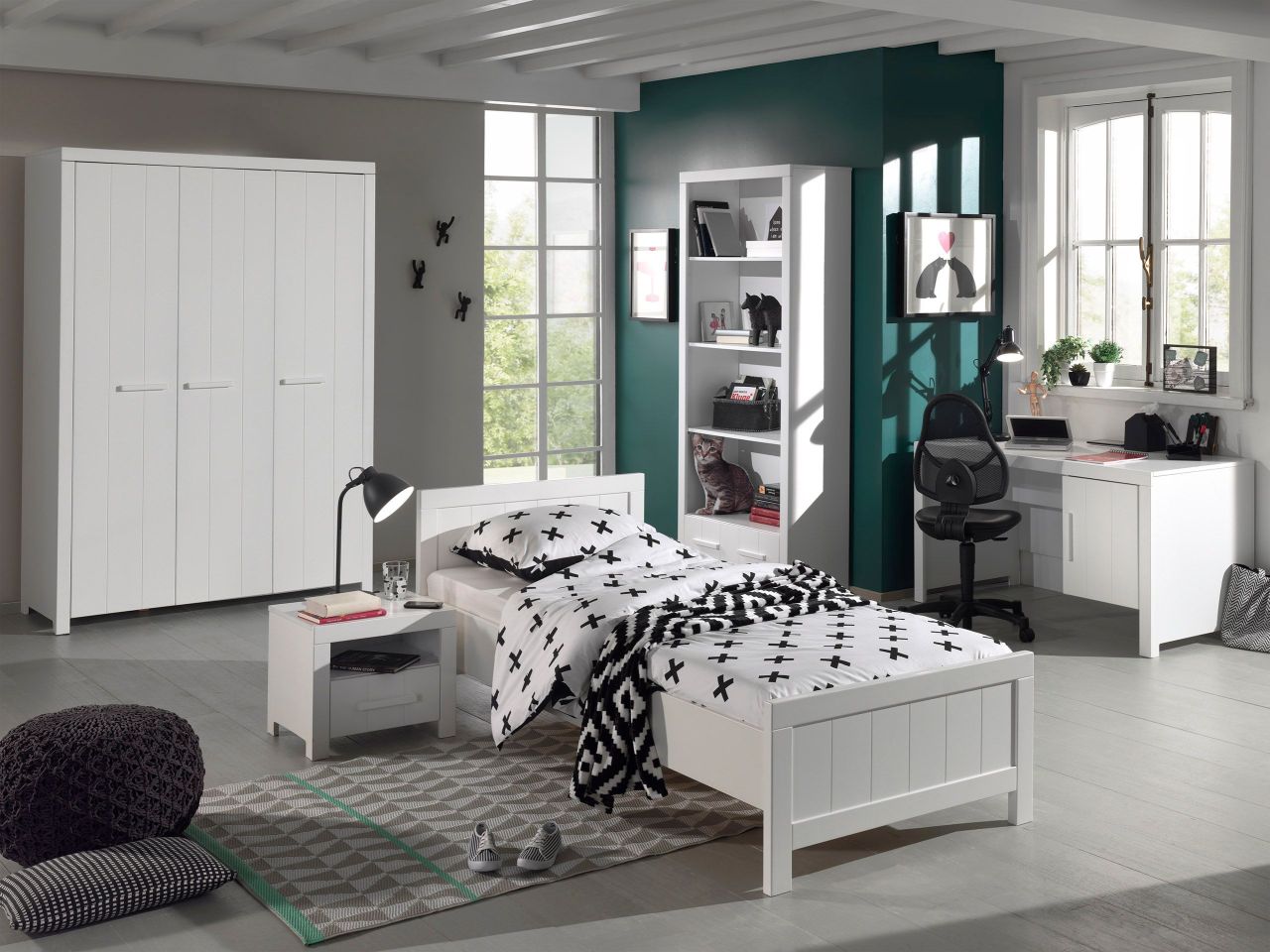 Bild von Vipack: Set "ERIK" mit Bett + Nachtkonsole + Schrank + Schreibtisch +Regal -Weiß