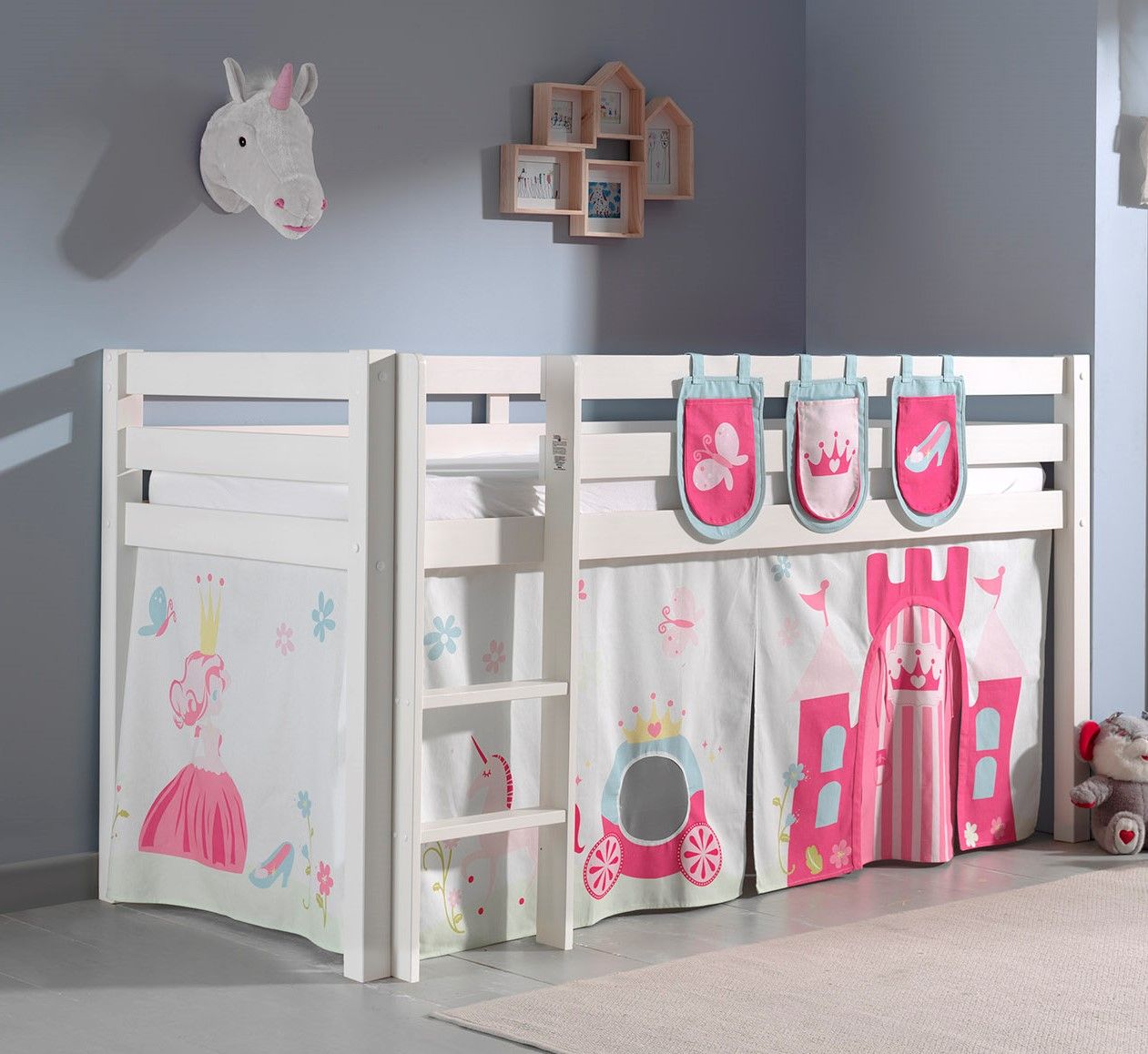 Bild von Spielbett Pino mit Textilset Vorhang und 3 Taschen "Princes", Ausf. Kiefer massiv weiß lackiert