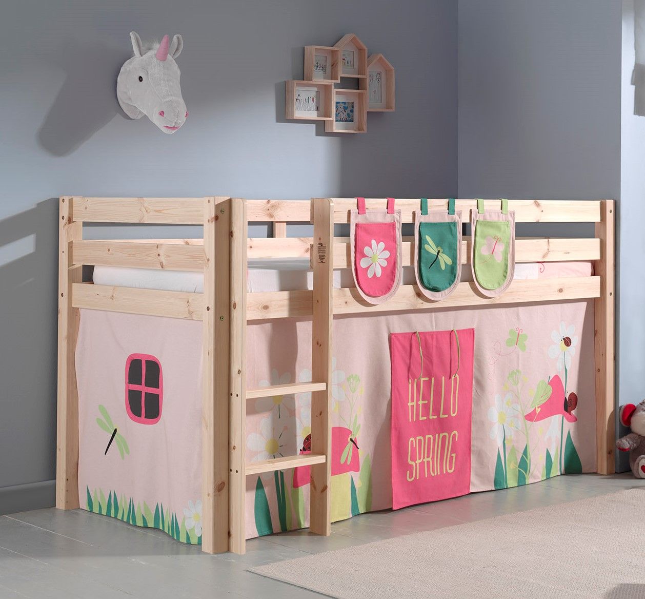 Bild von Vipack Spielbett Pino, Kiefer massiv natur mit Vorhang und 3 Taschen - Dessin Spring