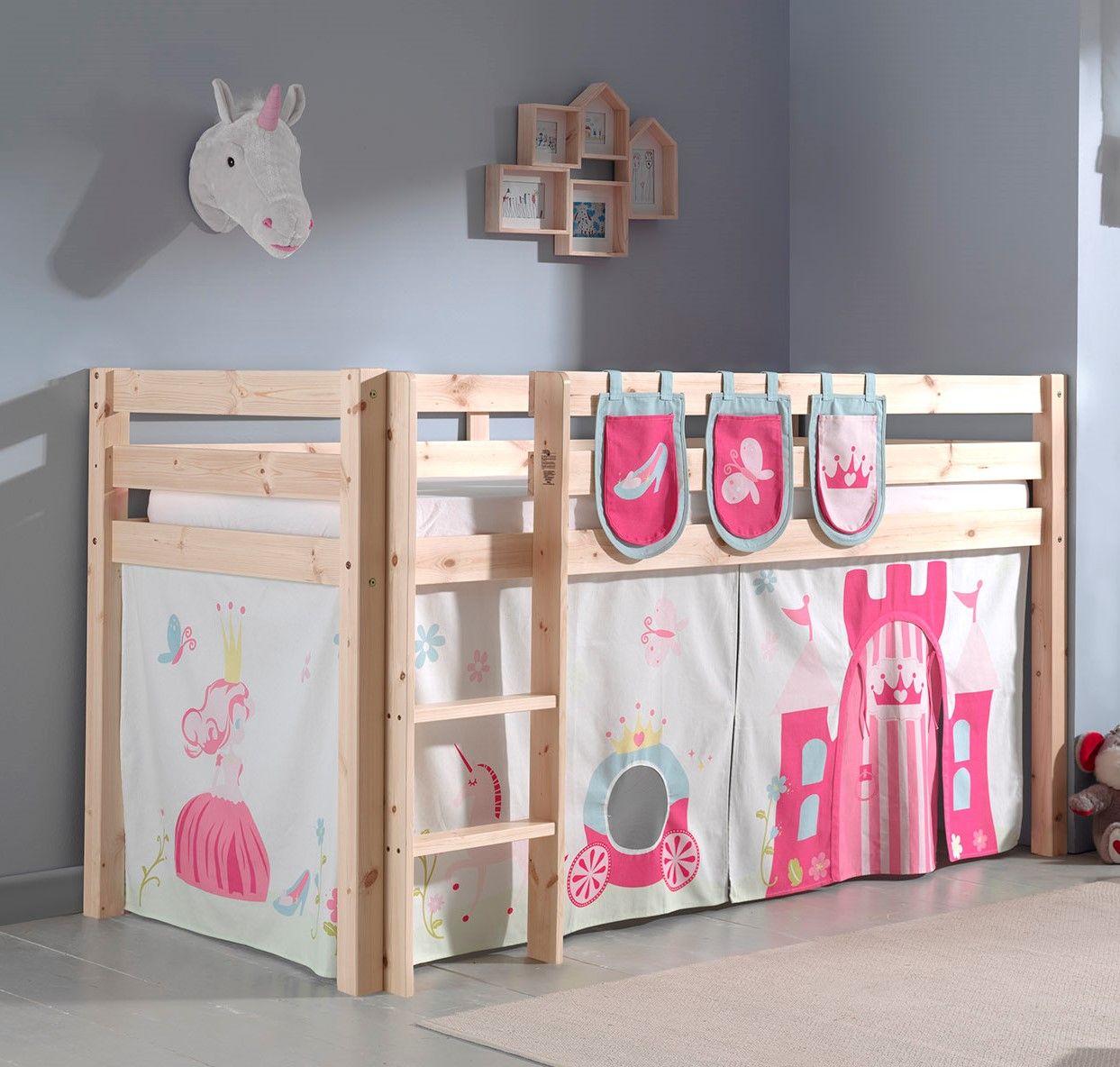 Bild von Vipack Spielbett Pino, Kiefer massiv natur mit Vorhang und 3 Taschen - Dessin Princes