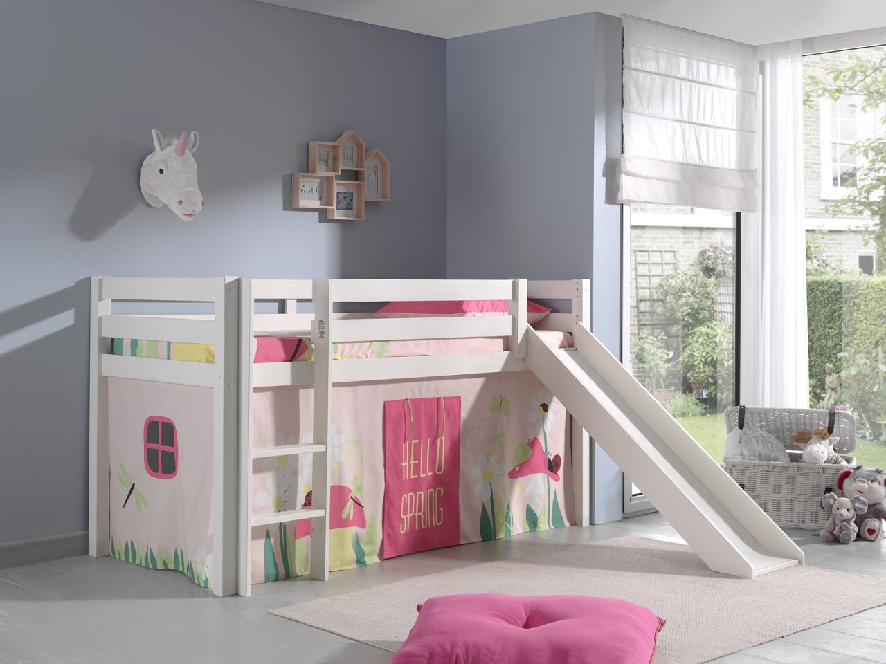 Bild von Vipack Hochbett »Pino«, (Made in Europe), Massivholz, Textil Set "Spring", wahlweise mit Rutsche und Betttunnel