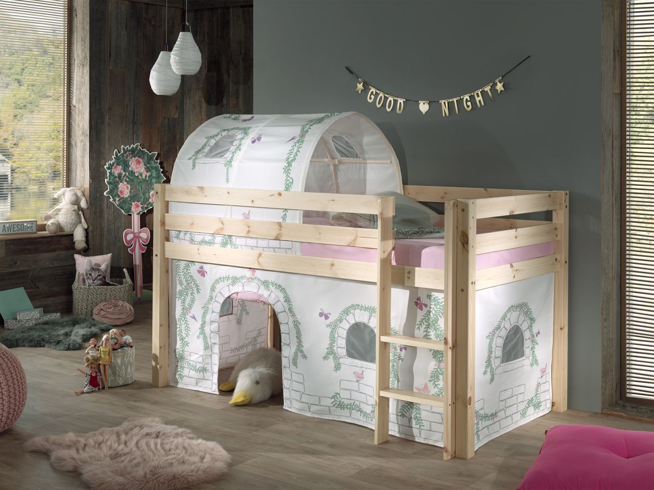Bild von Vipack PINO Spielbett / Hochbett 90x200 mit Vorhang+Tunnel "Birdy" Massiv Natur
