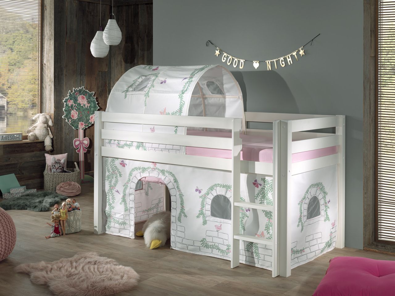 Bild von Vipack: PINO Spielbett / Hochbett 90x200 mit Vorhang+Tunnel "Birdy" Massiv Weiß