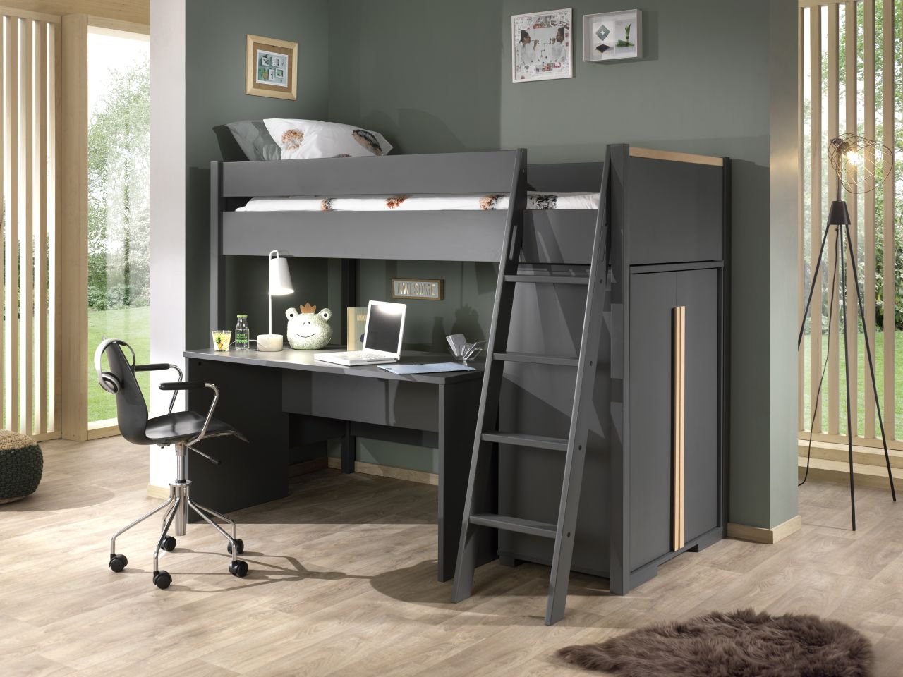 Bild von LONDON Hochbett Set, best. aus Hochbett mit Liegefläche 90 x 200 cm, Schreibtisch, Rollcontainer und Wäscheschrank, Ausf. Weiß, Absatz Buche natur massiv