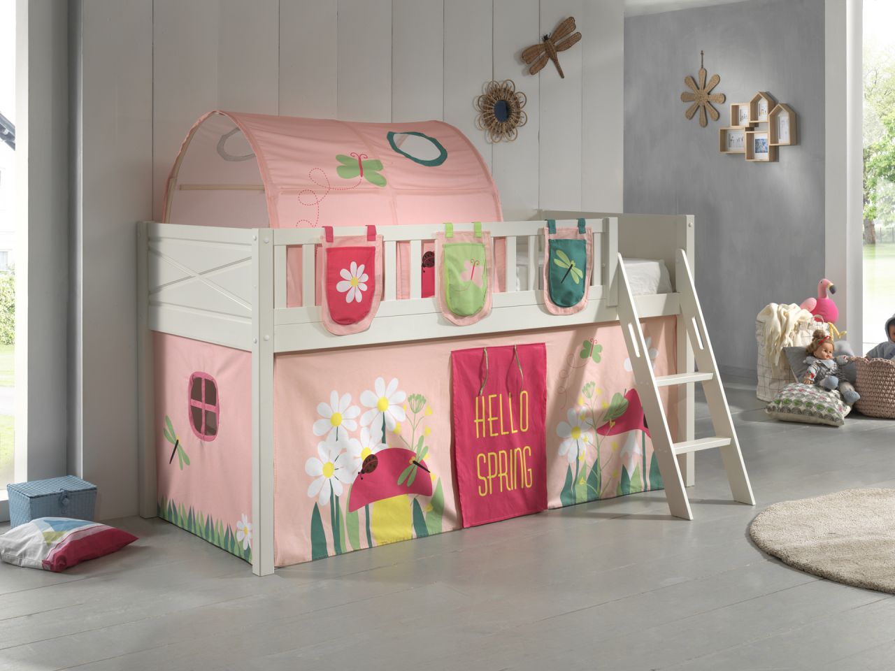 Bild von Vipack Hochbett "Scott", (Made in Europe), mit Leiter, LF 90x200 cm, Vorhang, Tasche, Tunnel, 4 Designs