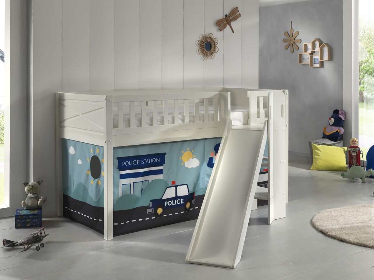 Bild von Vipack Hochbett "Scott", (Made in Europe), m. Rutsch-/Leiterturm, LF 90x200 cm, Vorhang, Tunnel, 7 Designs
