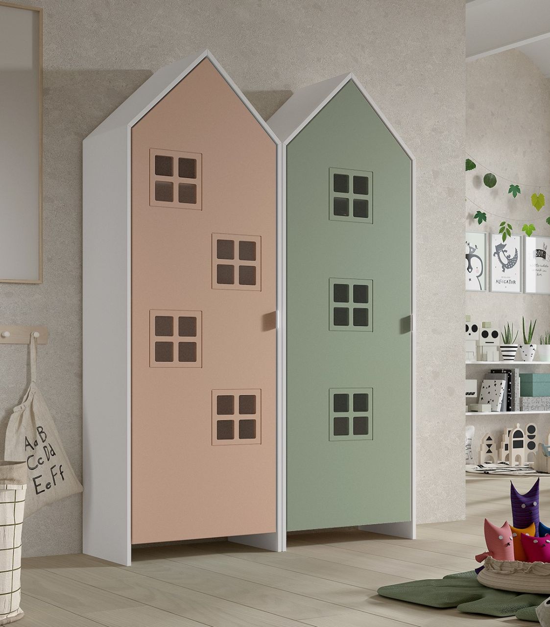 Bild von Set: 2 Schränke 1-türig CASAMI BRUGES Jugendschrank Wäscheschrank Weiß Pink Grün