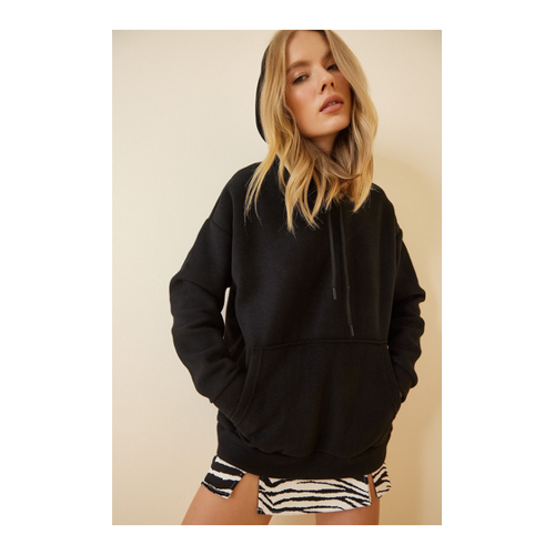 Bild von Happiness İstanbul Schwarzes Winter-Fleece-Sweatshirt mit Kapuze für Damen