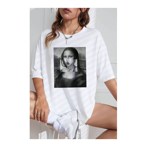 Bild von Uyguntarz Oversized T-Shirt mit Mona Lisa Aufdruck in Weiß