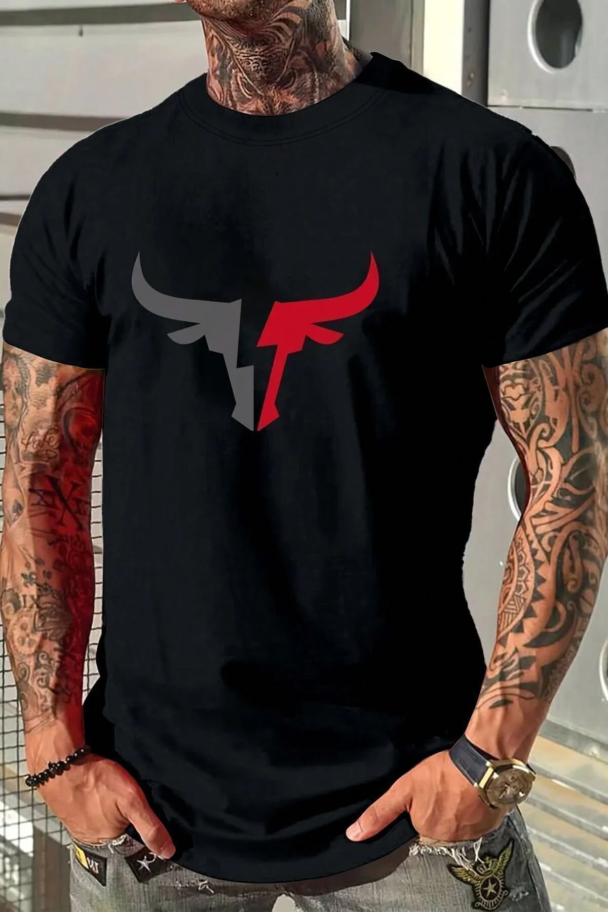 Bild von uyguntarz Übergroßes T-shirt Mit Bullensilhouette-aufdruck für Herren - XL