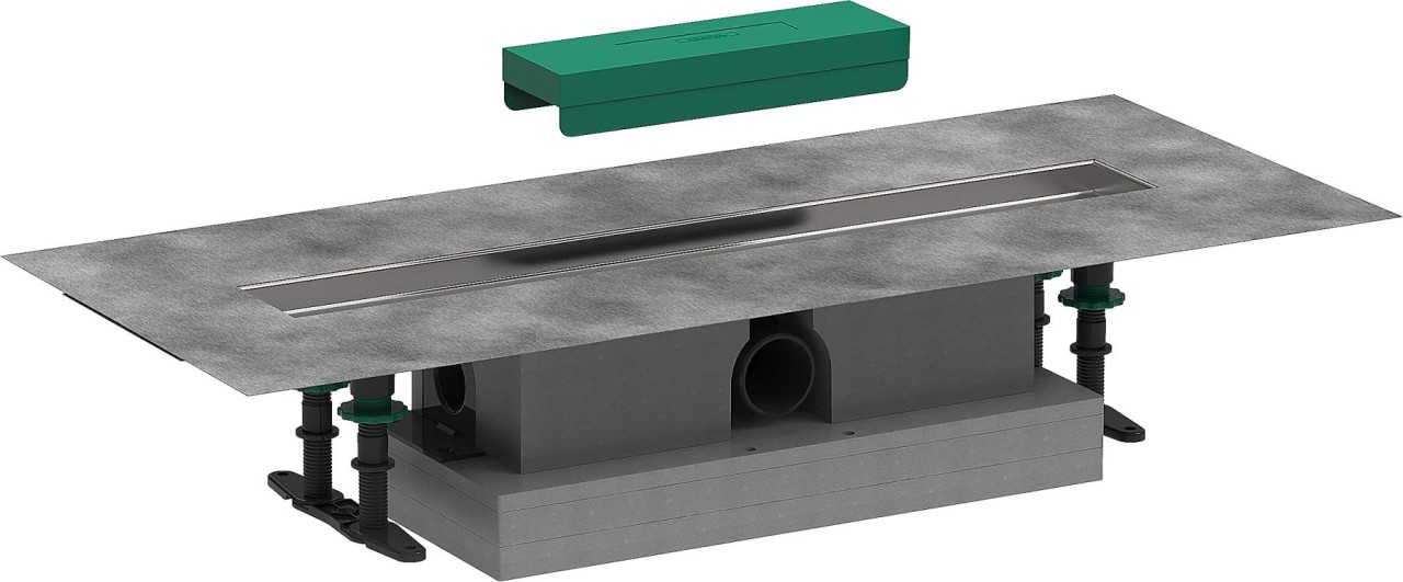 Bild von hansgrohe uBox universalpassend für alle RainDrain Rock und RainDrain Match Fertigsets 600mmSperrwasserhöhe 50 mmAblaufleistung mit Siphon bis zu 42l/min, Ablaufleistung mit Dryphon bis zu 60l/minRichtung Auslass waagerechtAnschluss 3-seitiginklusive höhenverstellbaren Stellfüßen und Fliesenhilfe zur MontageMontagehalterung ermöglicht einfache Befestigung am Bodendurch Schaumstoffplatten höhenverstellbarmit integriertem GefälleMontage wandgebunden - frei im Raumherausnehmbares Siphonbestehend aus: Installationsset, Grundkörper, werkseitig vormontiertes Dichtvlies, Siphon, Höhenverstellplatten
