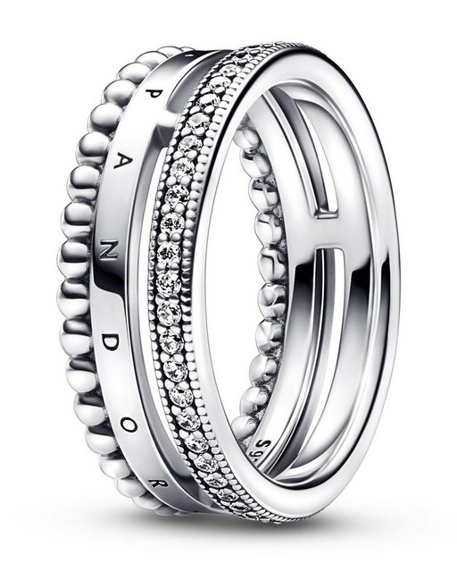 Bild von PANDORA Signature Logo Pavé & Perlen Ring aus Sterling-Silber mit Cubic Zirkonia, Gr. 50, 192312C01-50