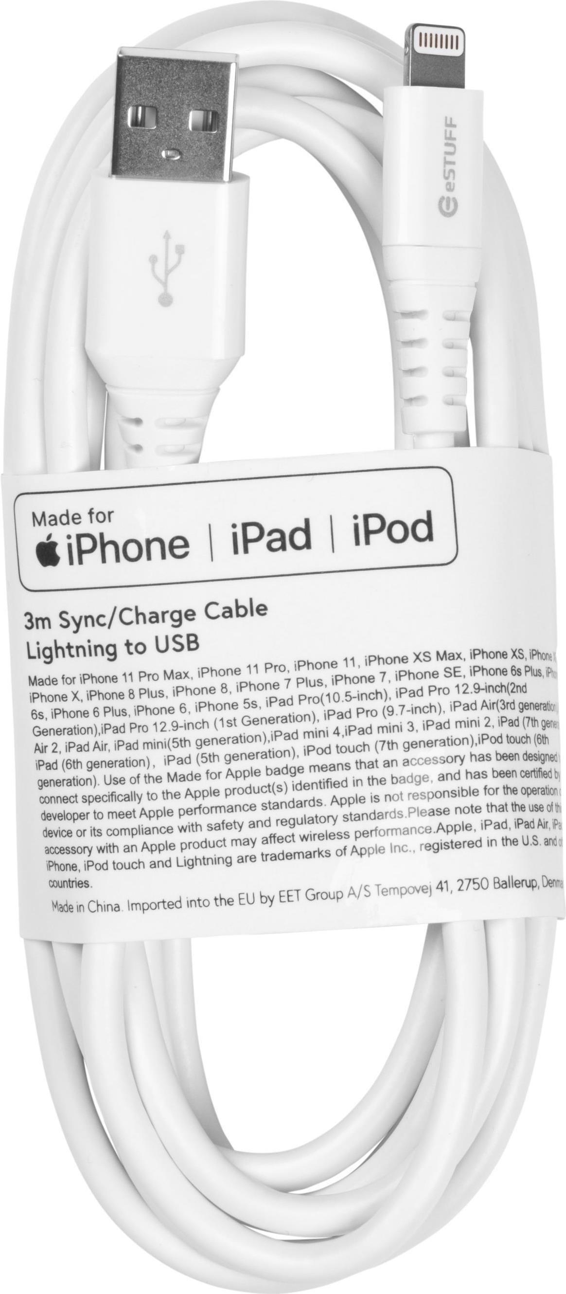 Bild von eSTUFF - Lightning-Kabel - Lightning männlich zu USB männlich - 3 m - weiß - für Apple iPad/iPhone/iPod (Lightning) (ES601304-BULK)