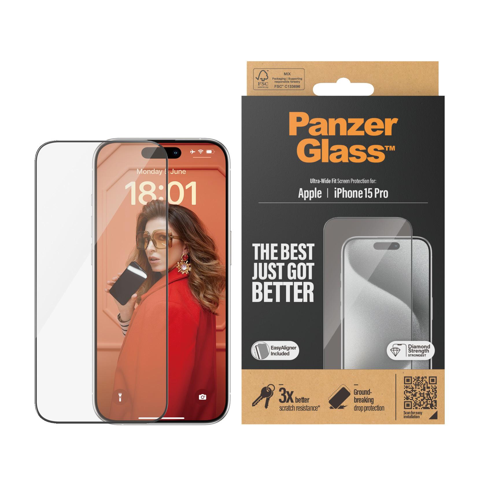 Bild von PanzerGlass  Displayschutz iPhone 15 Pro - Ultra-Wide Fit m. EasyAligner - Apple - Apple - iPhone 15 Pro - Trockene Anwendung - Schockresistent - Transparent - 1 Stück(e) (2810)