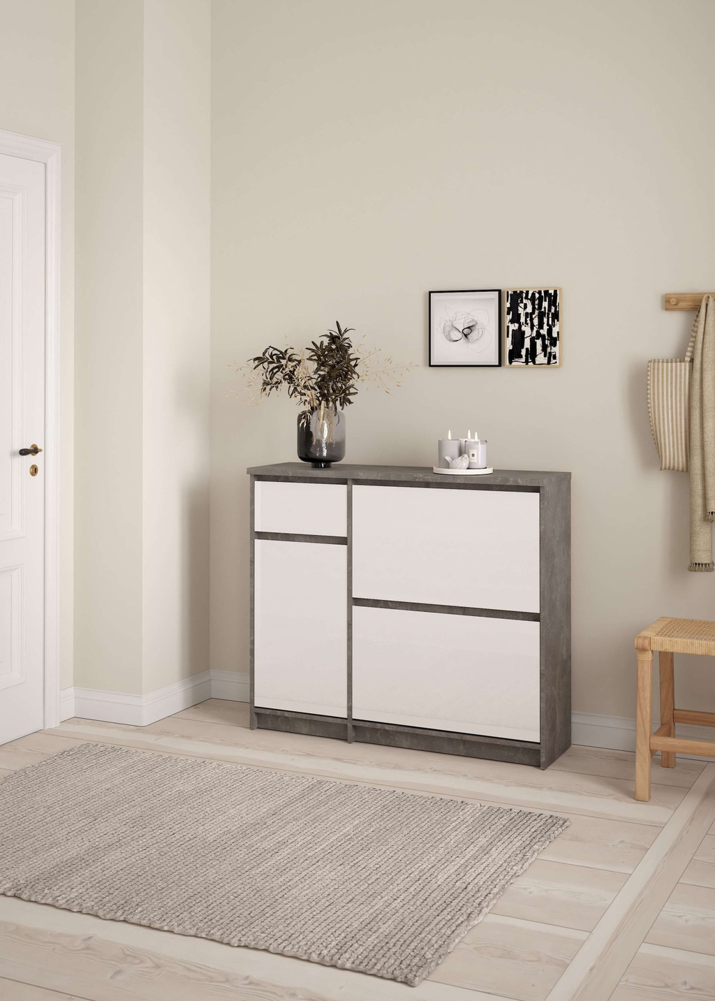 Bild von Schuhschrank INOSIGN "Naia Schuhaufbewahrung, Schuhkommode, Schuhregal, Garderobenschrank", grau (beton, weiß hochglanz), B:108,9cm H:92,9cm, Spanplatte, Schränke, mit 2 Klappen und 1 Tür und 1 Schublade, Breite 109 cm
