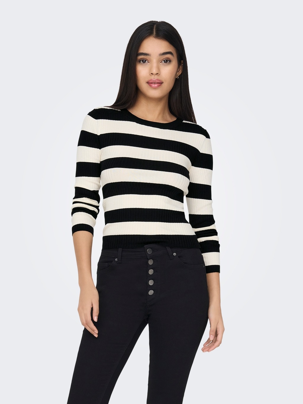 Bild von JACQUELINE de YONG Strickpullover Gestreifter Langarm Strickpullover Geripptes Basic JDYPLUM 4559 in Schwarz