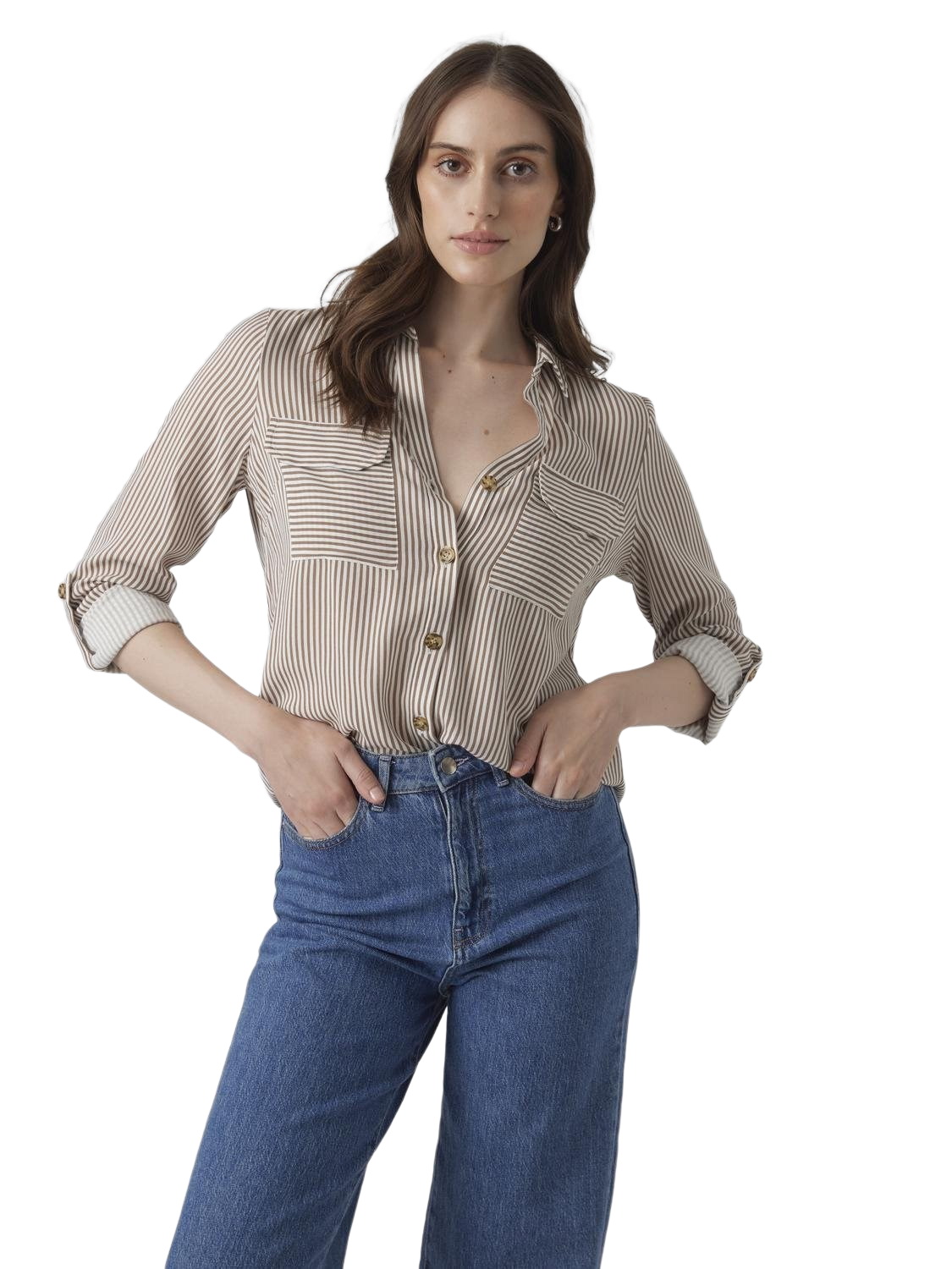 Bild von VERO MODA® Hemdbluse, V-Ausschnitt, Turn-Up-Ärmel, für Damen, braun, S