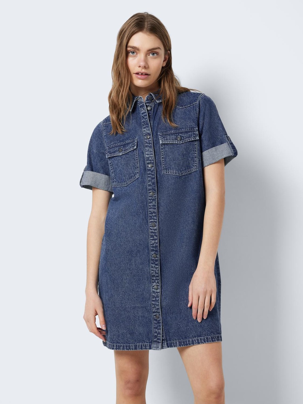 Bild von Noisy may Damen Kurzes Denim Jeanskleid Oversize Kurzarm Hemd Design Basic Shirtkleid, Farben:Blau, Größe:S