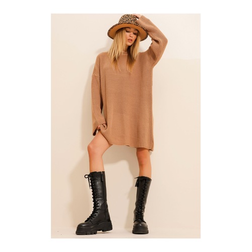 Bild von Trend Alaçatı Stili Strickkleid „thessaloniki“ Mit Rundhalsausschnitt in Camel