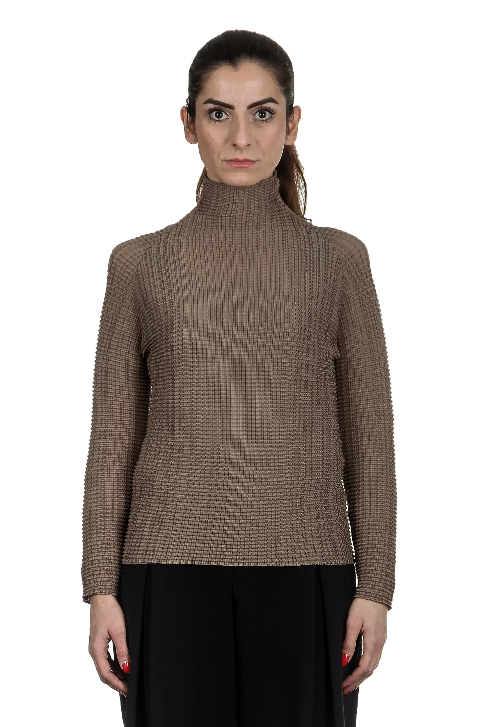 Bild von Issey Miyake Plissé Longsleeve Top Stehkragen beige