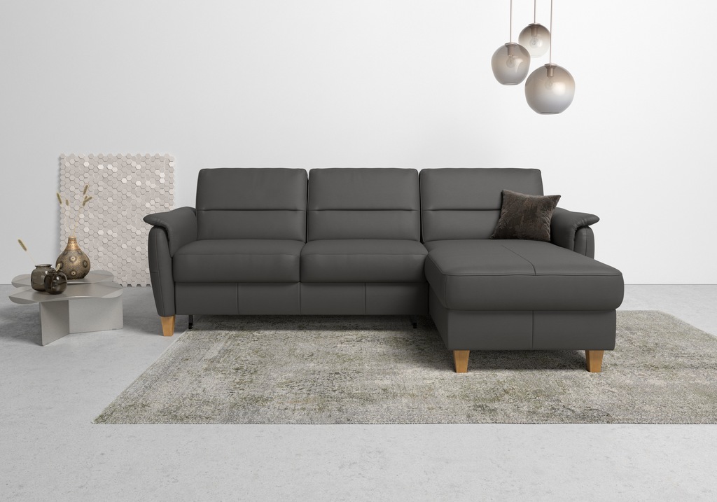 Bild von CAVADORE Leder-Eckcouch Palera mit Longchair / Landhaus-Sofa mit Federkern, Schlaffunktion + Bettkasten / 244 x 89 x 163 / Leder Dunkelbraun