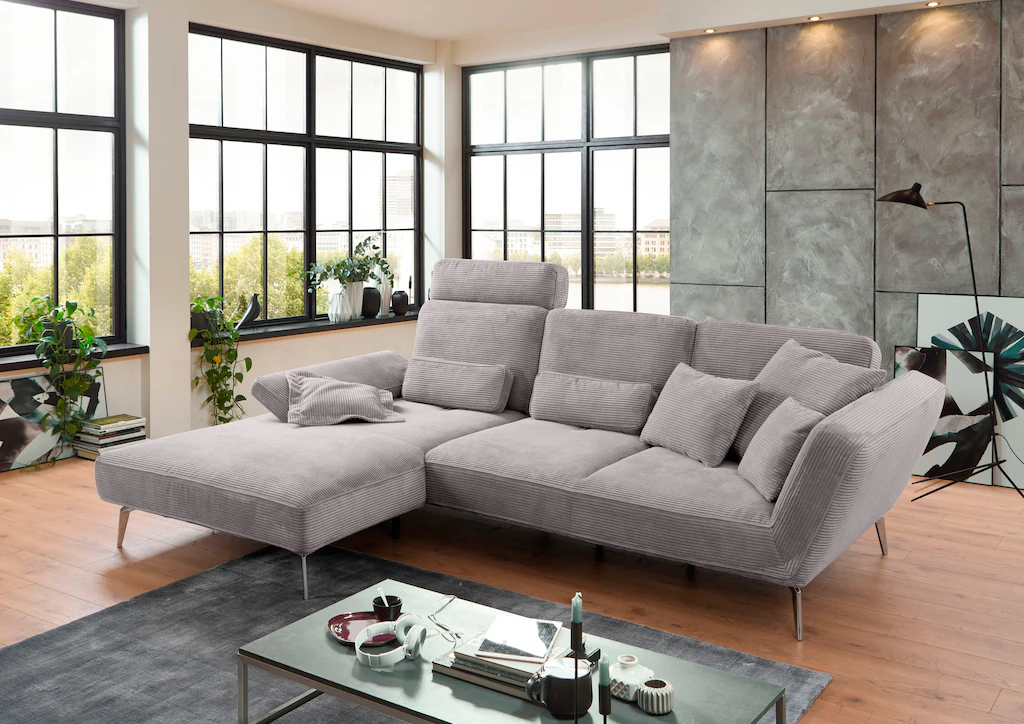 Bild von set one by Musterring Ecksofa "SO 4500, Füße chromfarben, inkl Schwenkrückenfunktion, Cord, L-Form", wahlweise mit Kopfstütze/Armteilverstellung/Rückenneigung