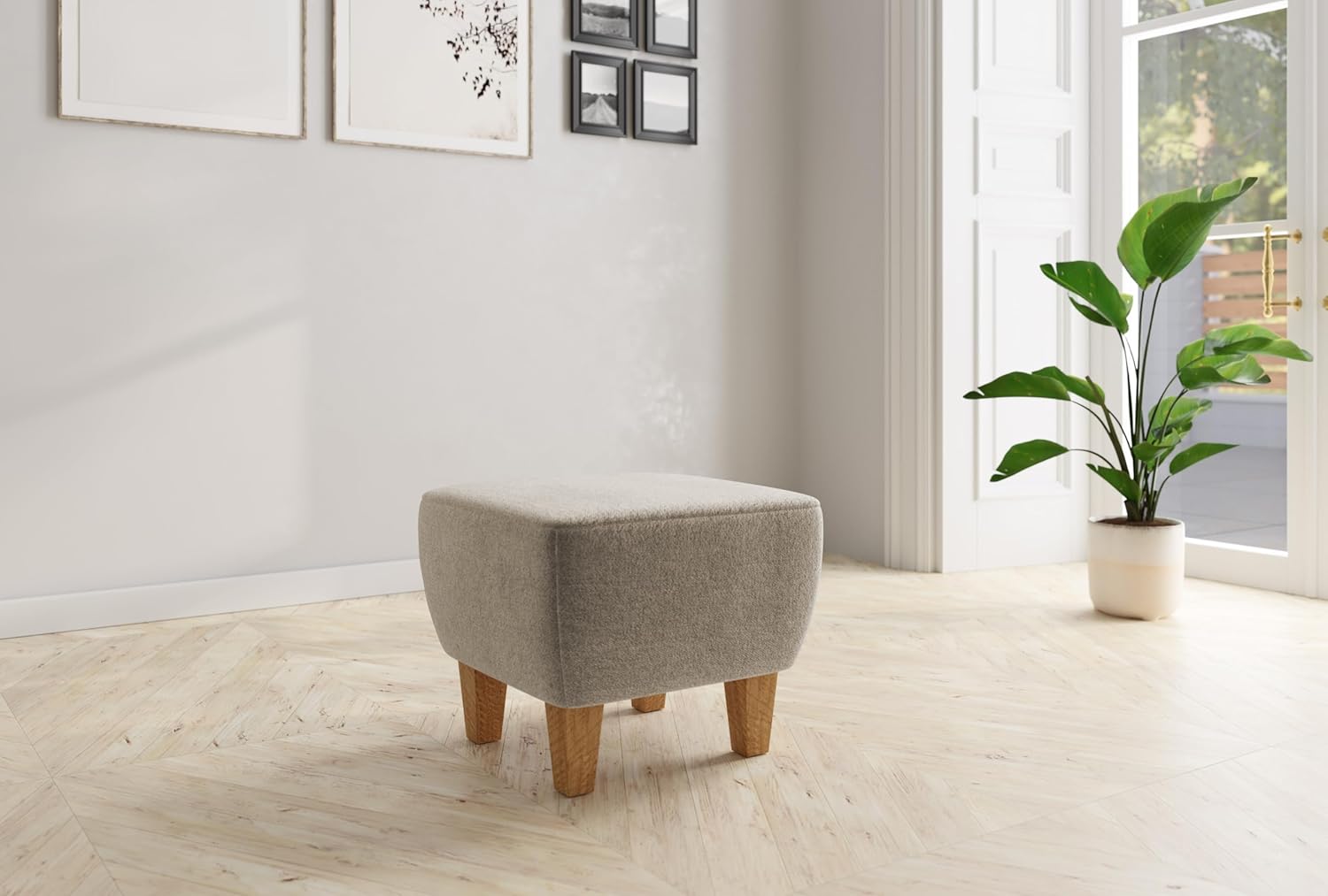 Bild von Cavadore Hocker Vida / Polsterhocker mit massiven Holzfüßen in Eiche / 52 x 46 x 52 / Mikrofaser, Hellbraun
