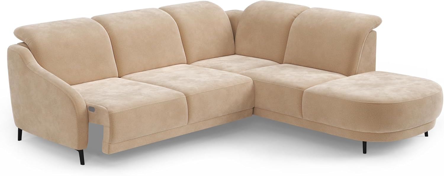 Bild von CAVADORE Ecksofa Blue/Eckcouch im modernen Design, inklusiv Kopfteilverstellung, Vorziehsitz motorisch, Klapptisch und mattschwarzen Metallfüßen / 258 x 93 x 249 / Flachgewebe, Weiß
