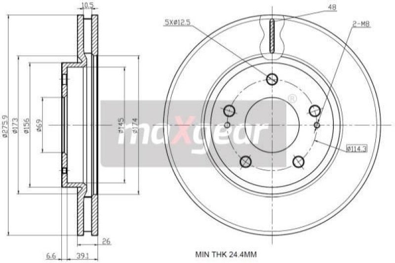 Bild von MAXGEAR 19-2388 Bremsscheibe Bremsscheiben, Scheibenbremsen Vorderachse 276 26 114 innenbelüftet MITSUBISHI: Lancer 7 Limousine, Outlander I Off-Road