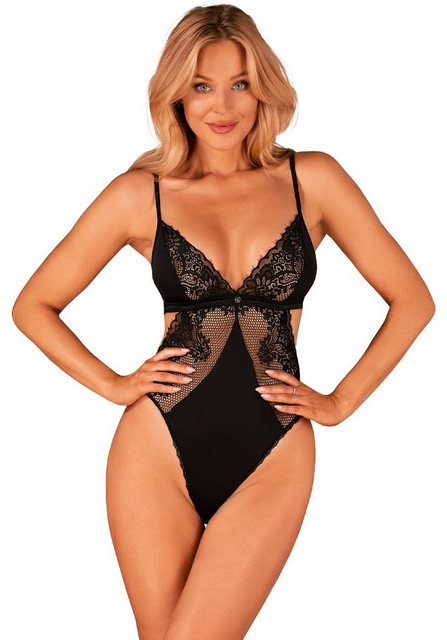 Bild von Obsessive schwarzer Body aus weichem Stretchmaterial und Spitze im aufregenden Mix. Hinten in Zweiteiler-Optik mit verstellbarem Hakenverschluss.