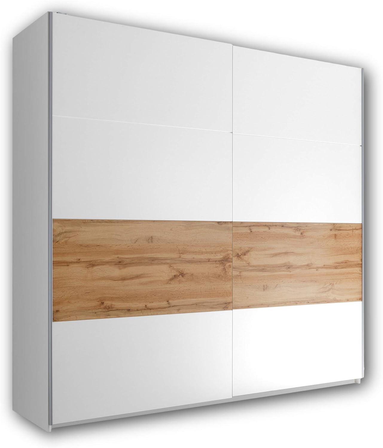 Bild von Stella Trading MEDINA Schwebetürenschrank Weiß mit viel Stauraum - Vielseitiger Kleiderschrank mit Bauchbinde in Wildeiche Optik - 215 x 210 x 59 cm (B/H/T)