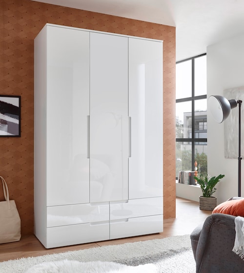 Bild von Stella Trading SPICE Eleganter Kleiderschrank mit viel Stauraum - Vielseitiger Drehtürenschrank in Weiß hochglanz - 126 x 208 x 57 cm (B/H/T)