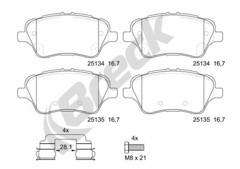 Bild von BRECK 25134 00 701 00 Bremsbelagsatz Bremsbeläge, Bremsklötze, Bremssteine mit Bremssattelschrauben mit Zubehör FORD: FIESTA 6, Tourneo Courier MPV