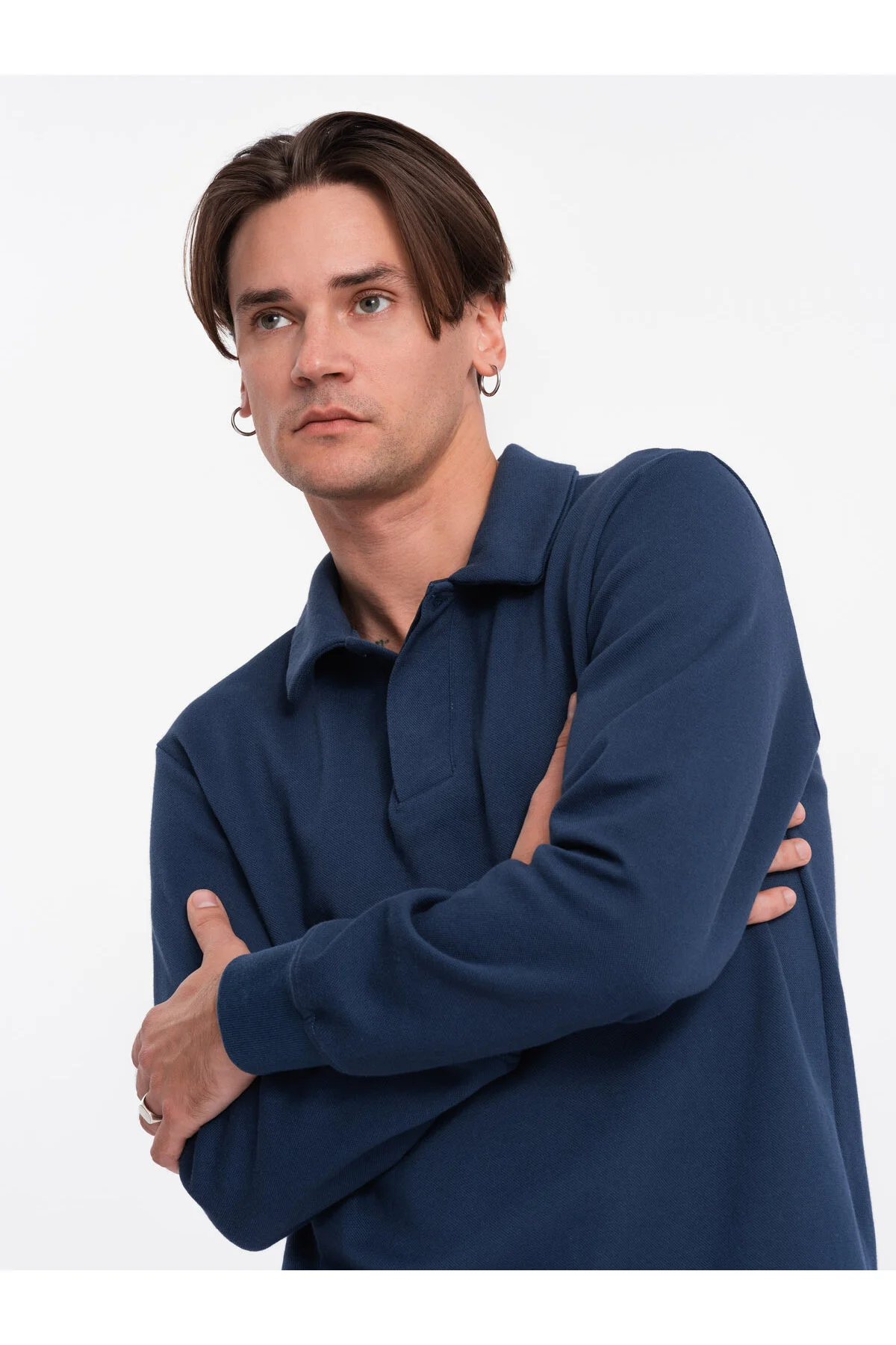 Bild von OMBRE Strukturiertes Strick-sweatshirt Mit Polokragen Dunkelblau V5 M für Herren - 2XL
