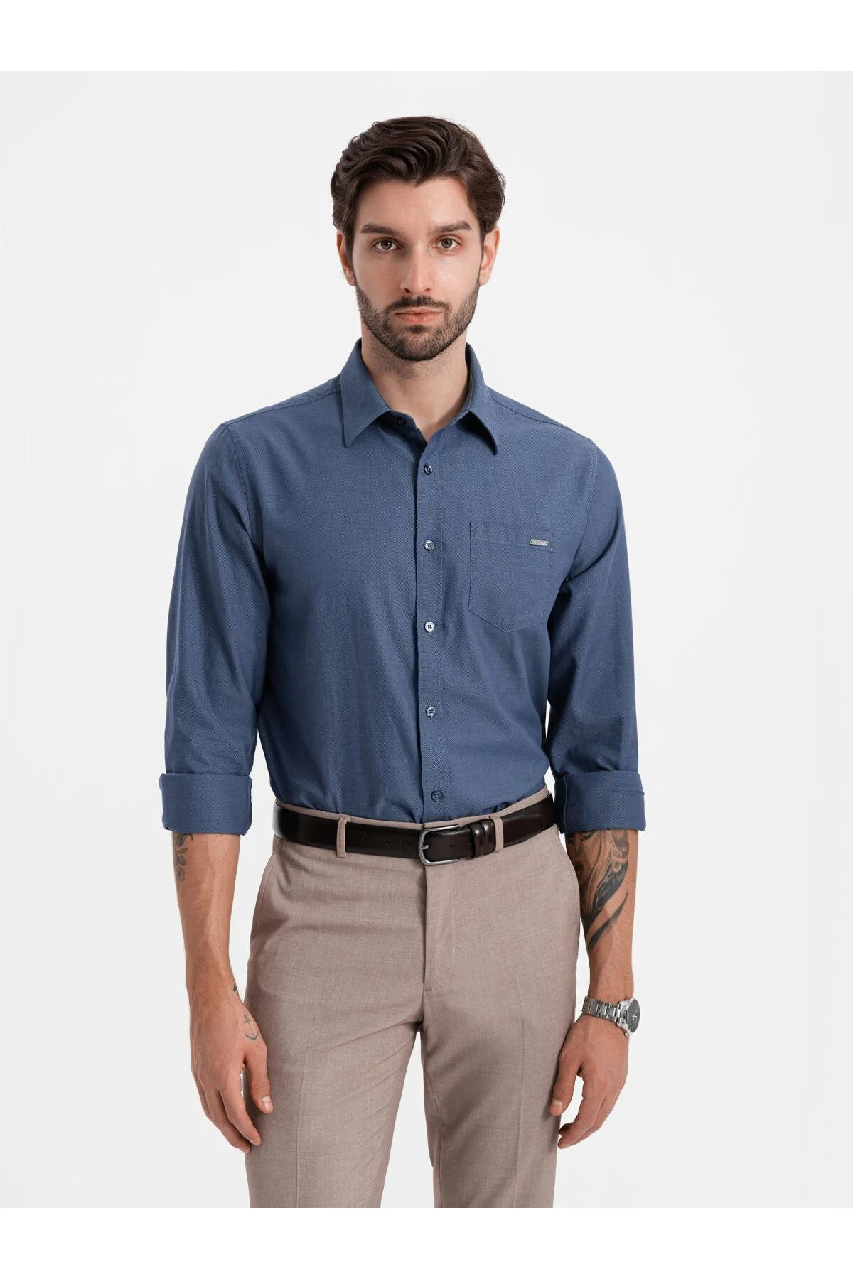 Bild von OMBRE Baumwollhemd Mit Tasche Regular Fit Blau V3 L für Herren - L