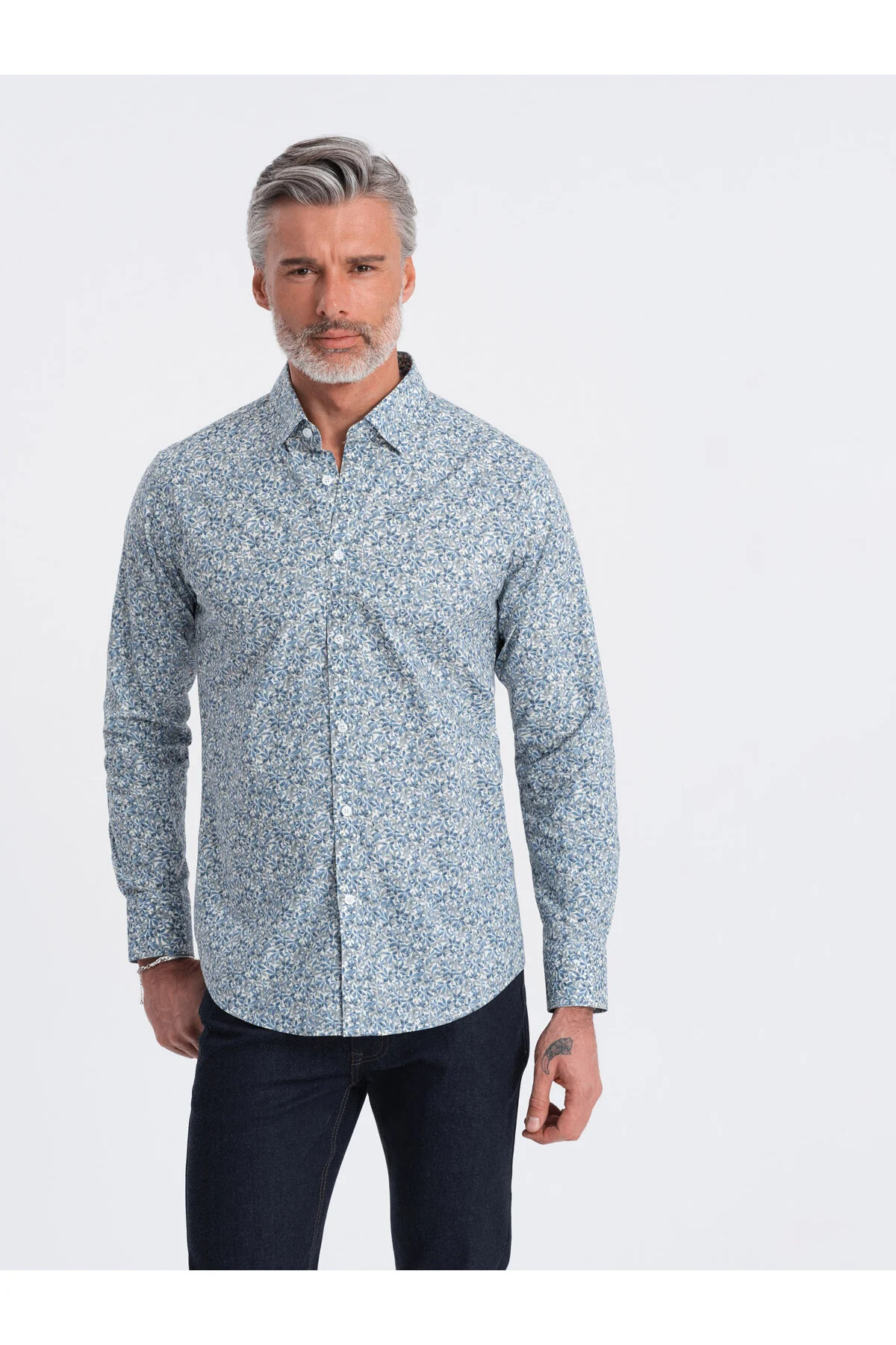 Bild von OMBRE Slim Fit Hemd Mit Kleinem Blätterdruck Hellblau V1 S für Herren - M