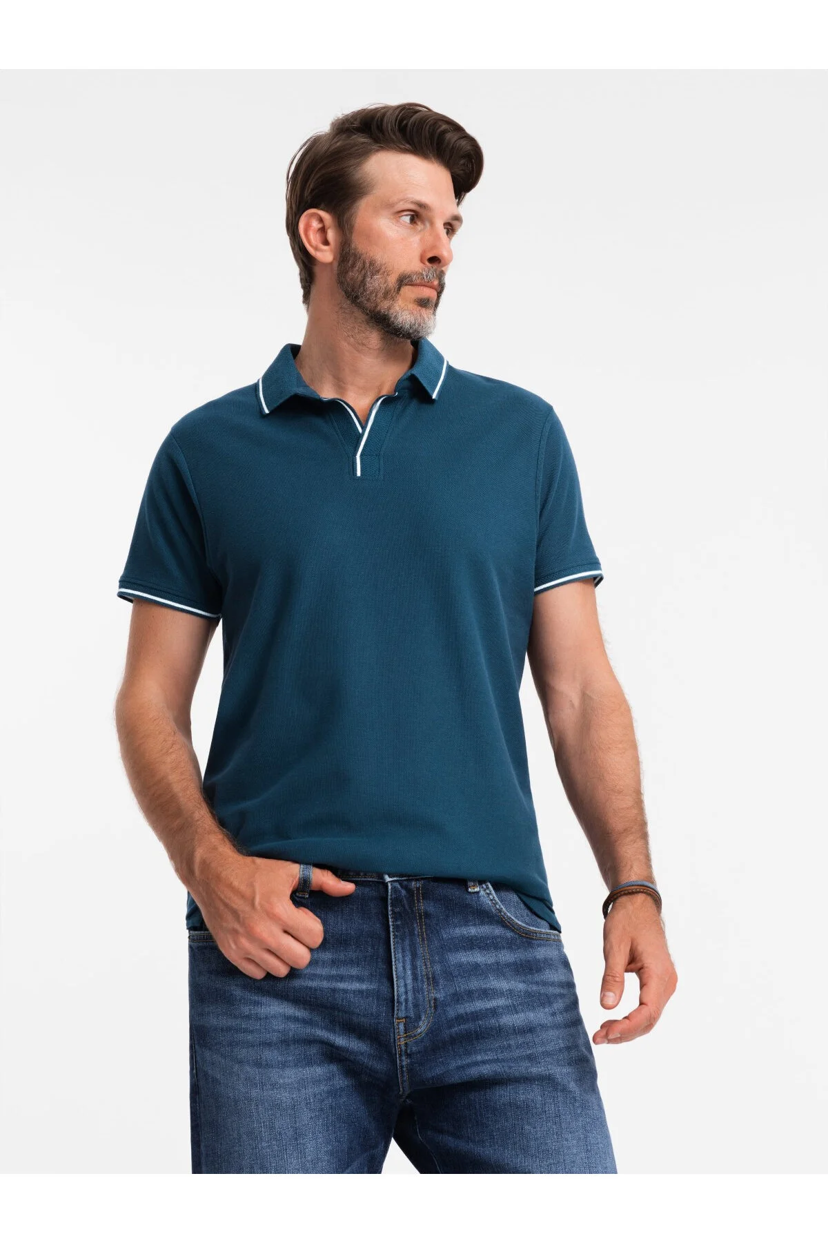 Bild von OMBRE Piqué-strick-poloshirt Ohne Knöpfe Marineblau V3 S für Herren - 2XL