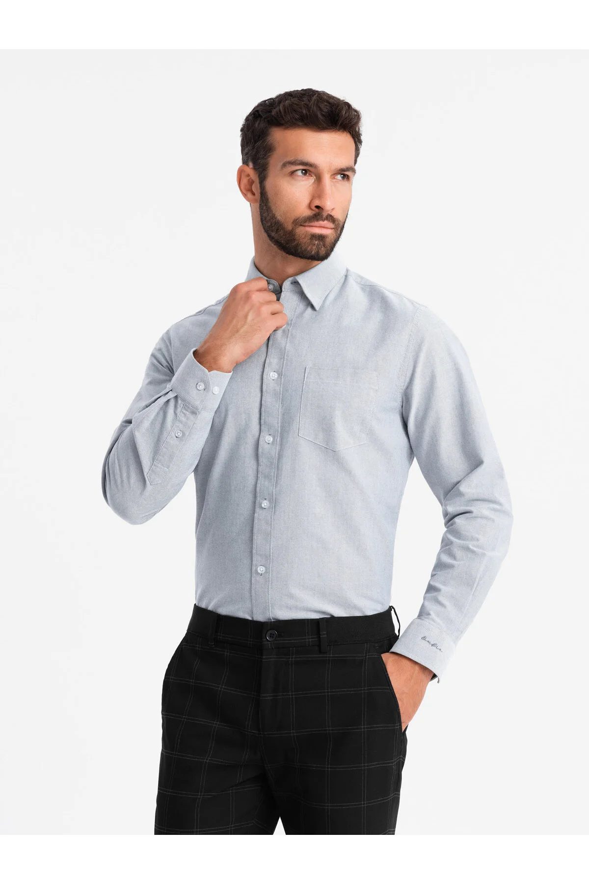 Bild von OMBRE Elegantes Oxfordhemd Mit Stickerei Und Tasche Hellgrau V2 S für Herren - M