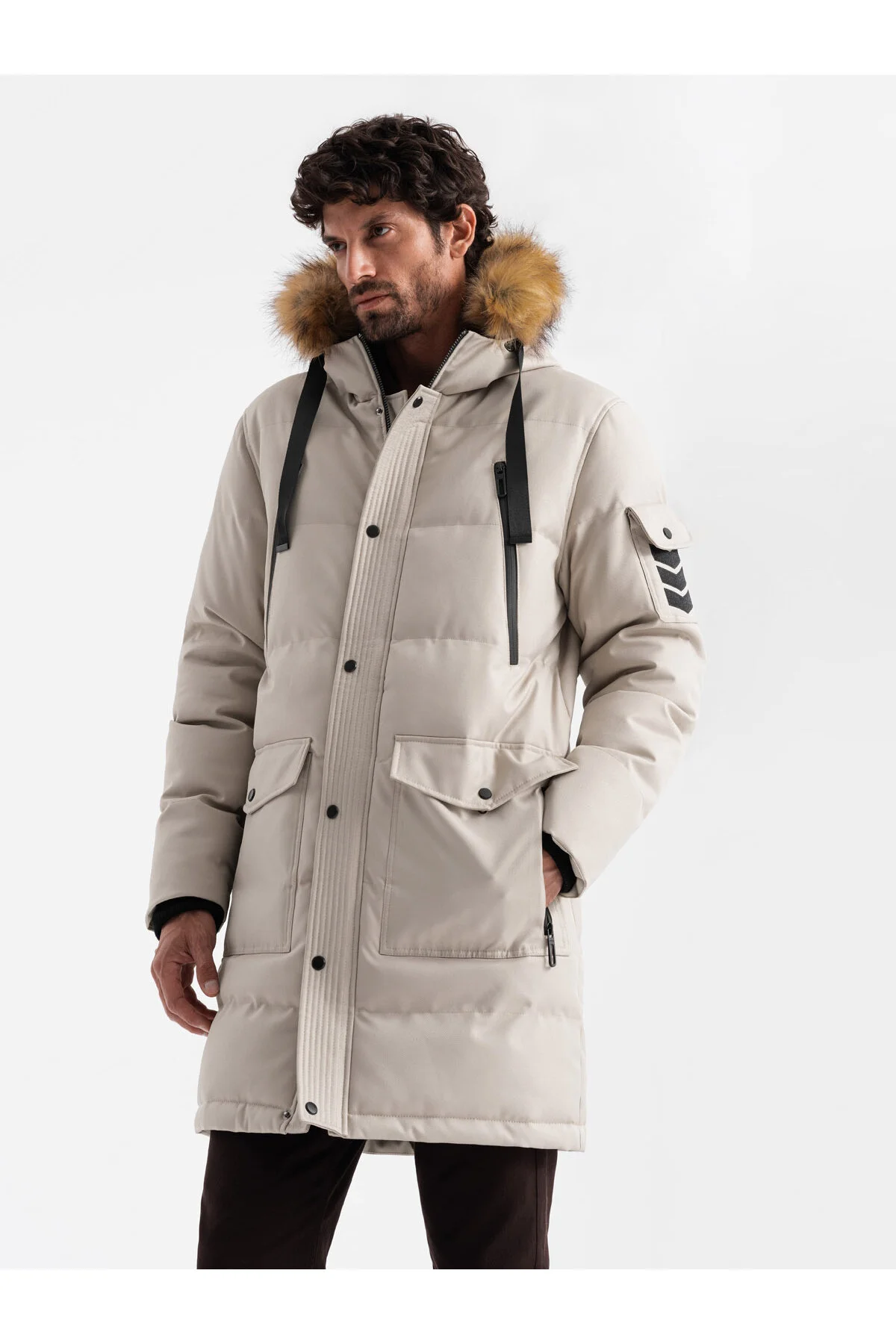 Bild von OMBRE Lange, Warme Parkajacke Mit Kapuze Beige V5 S für Herren - M