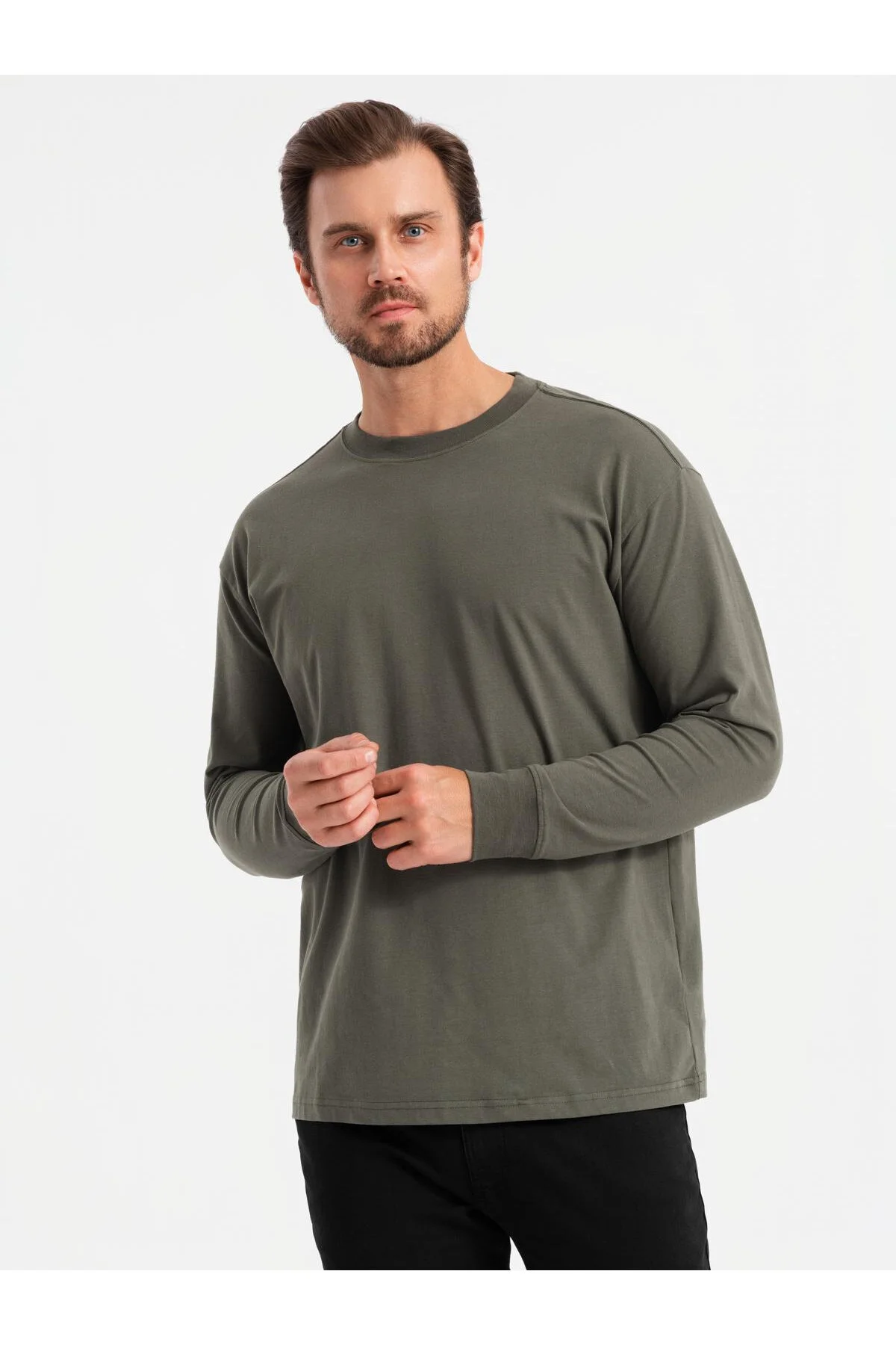 Bild von OMBRE Baumwolle Loose Fit Longsleeve Mit Rundhalsausschnitt Graugrün V3 L für Herren - XL